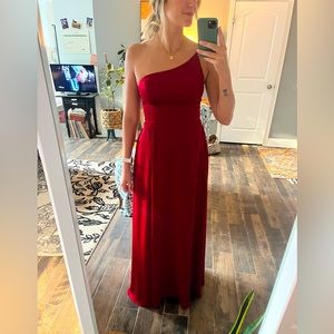 Crepe-back satin one-shoulder bridesmaid dress in Apple. Never altered.